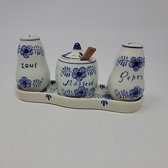 Delft Other - Vintage Delft Holland Salt & Pepper Shakers Blue /White Tray Set Mustard Jar